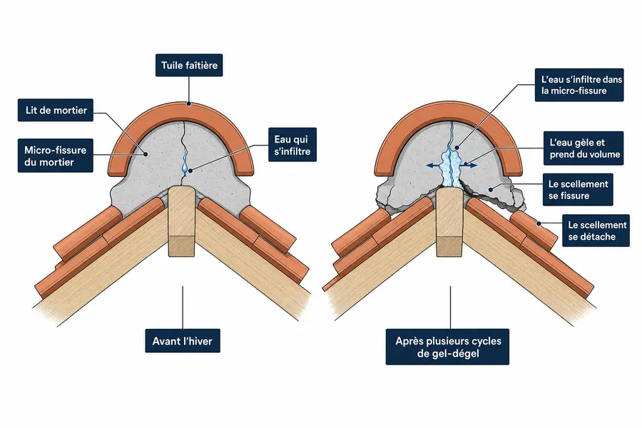 Coupe comparative d'un faîtage avant et après des cycles de gel montrant le mortier fissuré autour d'une tuile intacte